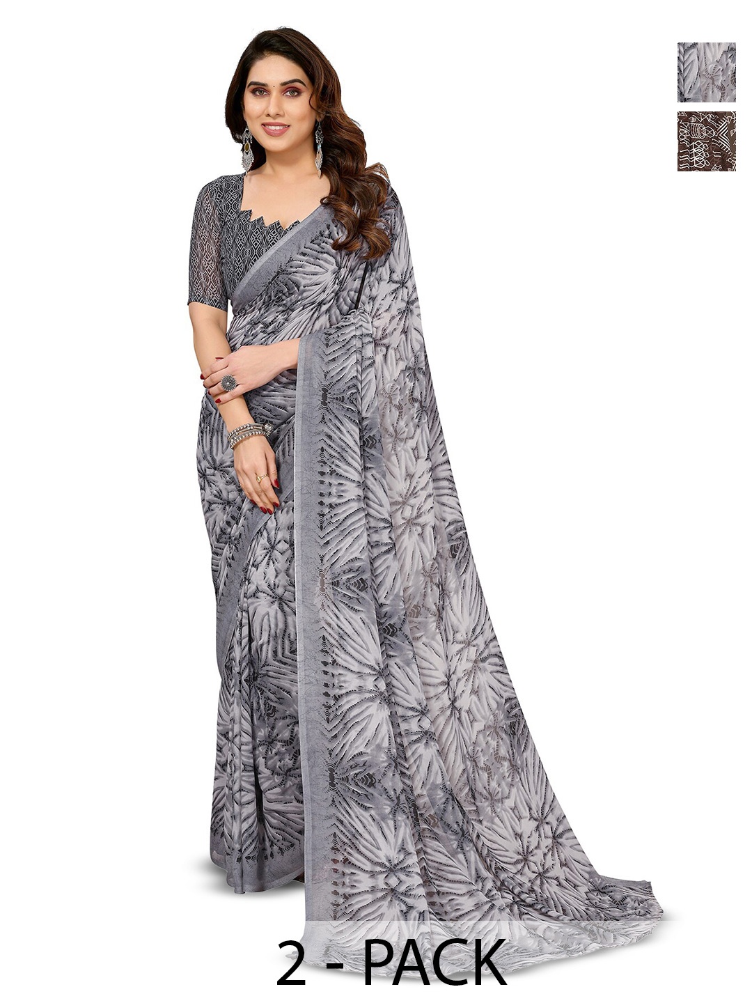 

ANAND SAREES Selection Of 2 Ethnic Motifs Printed Sarees, Grey