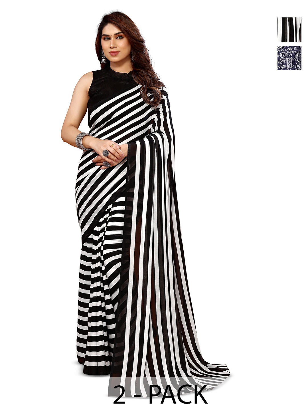

ANAND SAREES Selection Of 2 Geometric Printed Sarees, Blue