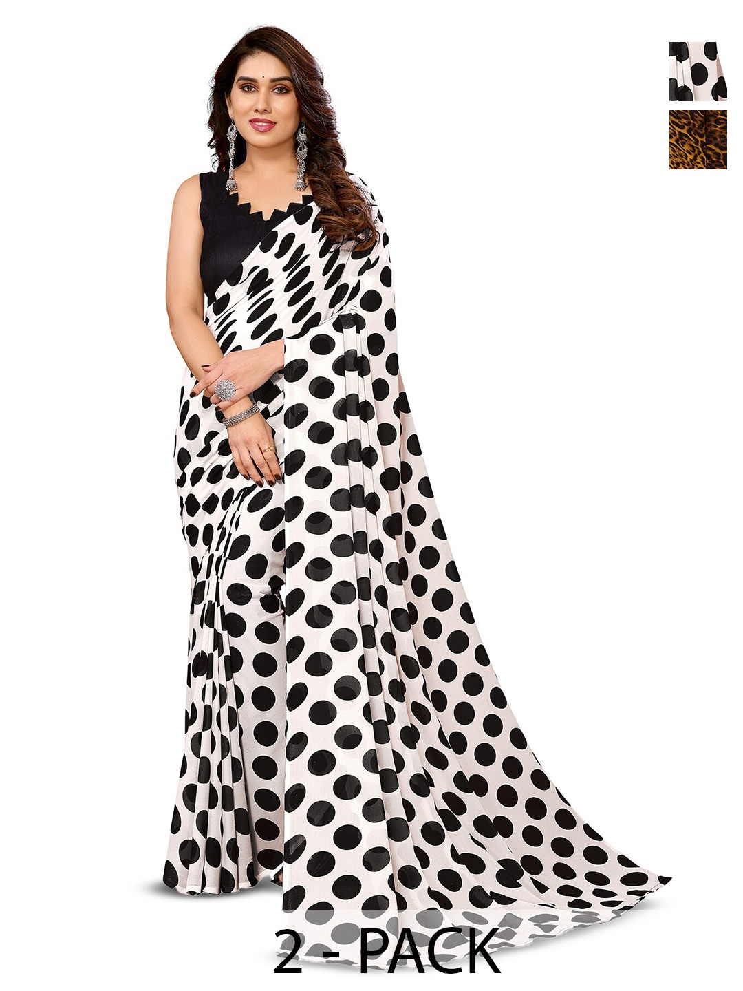 

ANAND SAREES Selection Of 2 Polka Dot Printed Sarees, Black