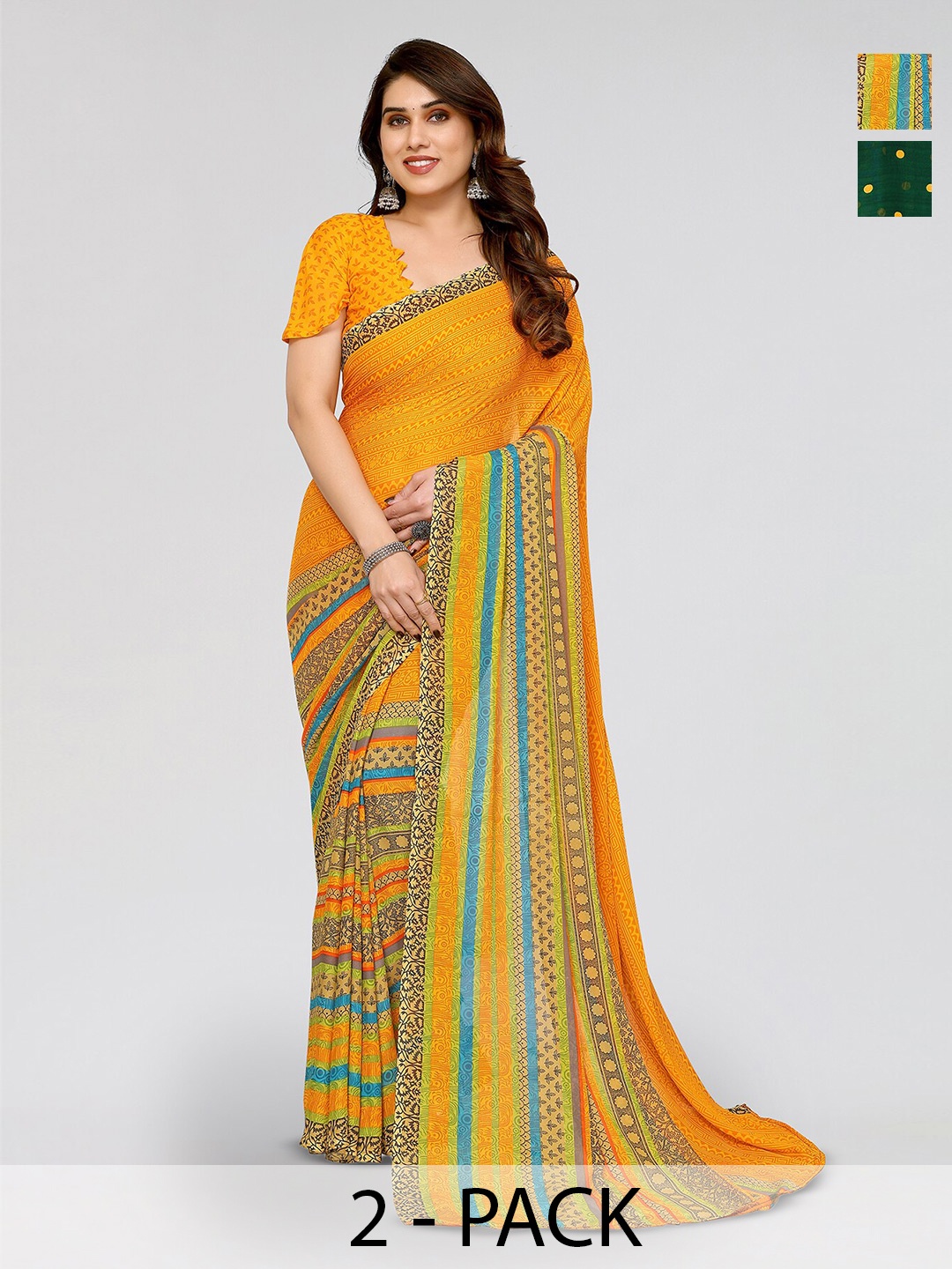 

ANAND SAREES Selection of 2 Polka Dot Printed Saree, Yellow