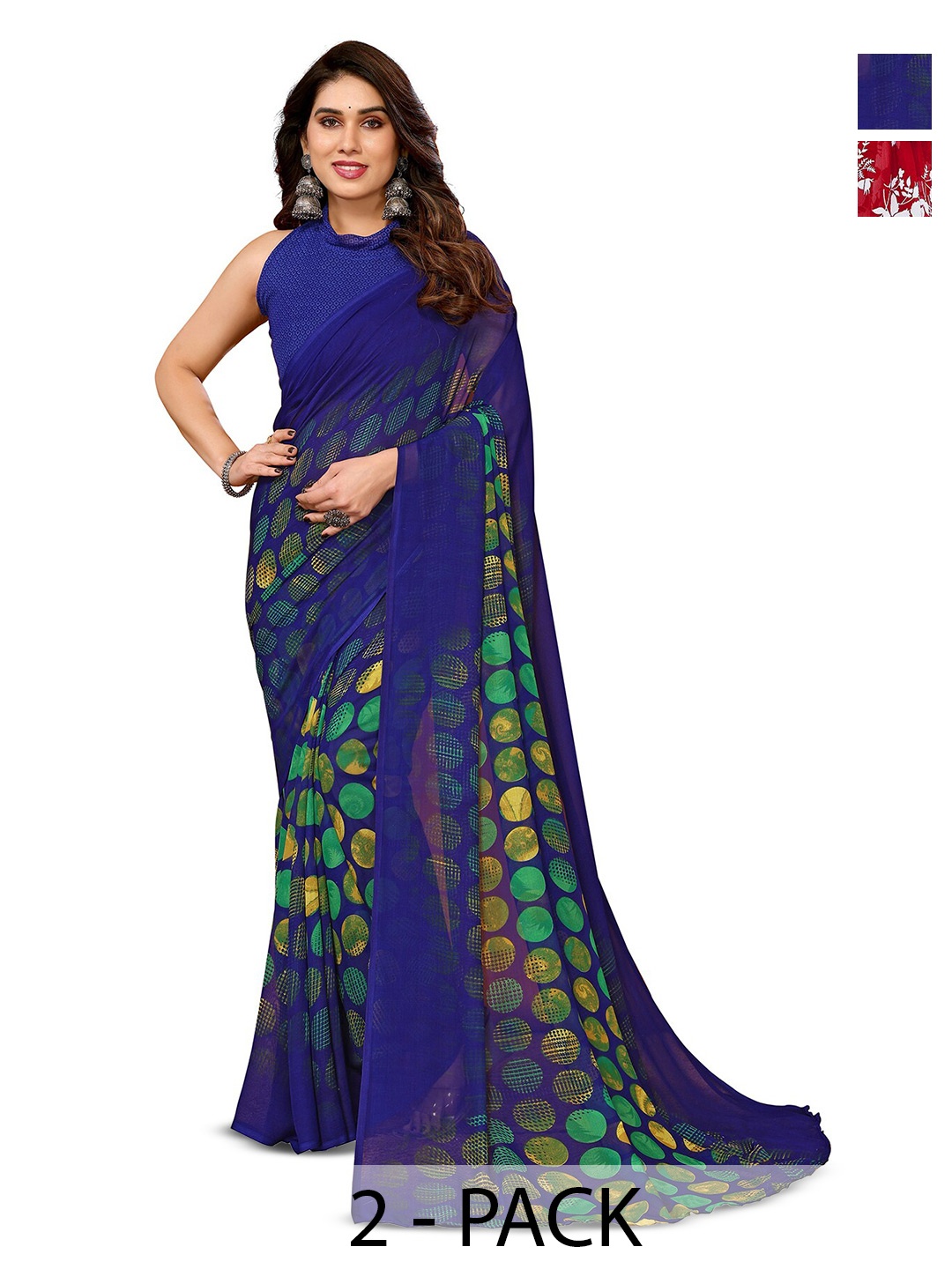 ANAND SAREES Selection of 2 Floral Printed Sarees, Red