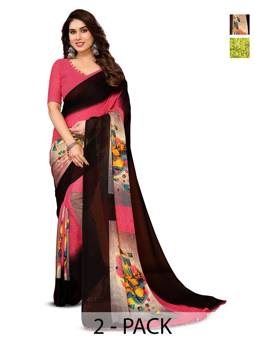 

ANAND SAREES Selection Of 2 Floral Printed Sarees, Green