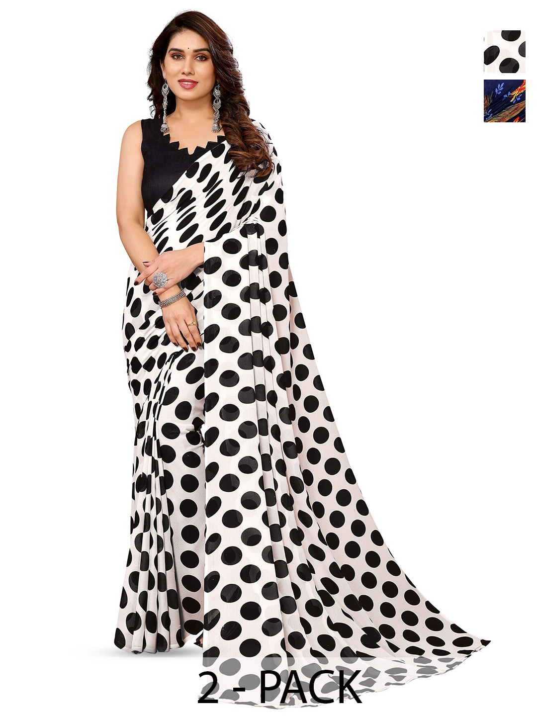 

ANAND SAREES Selection Of 2 Polka Dots Printed Sarees, White