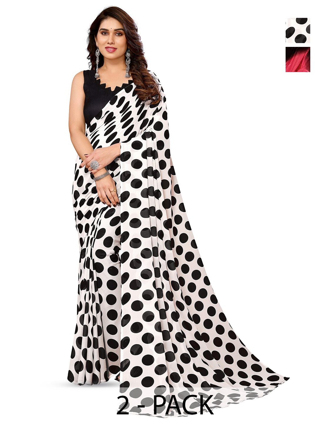 

ANAND SAREES Selection Of 2 Polka Dot Printed Sarees, Black