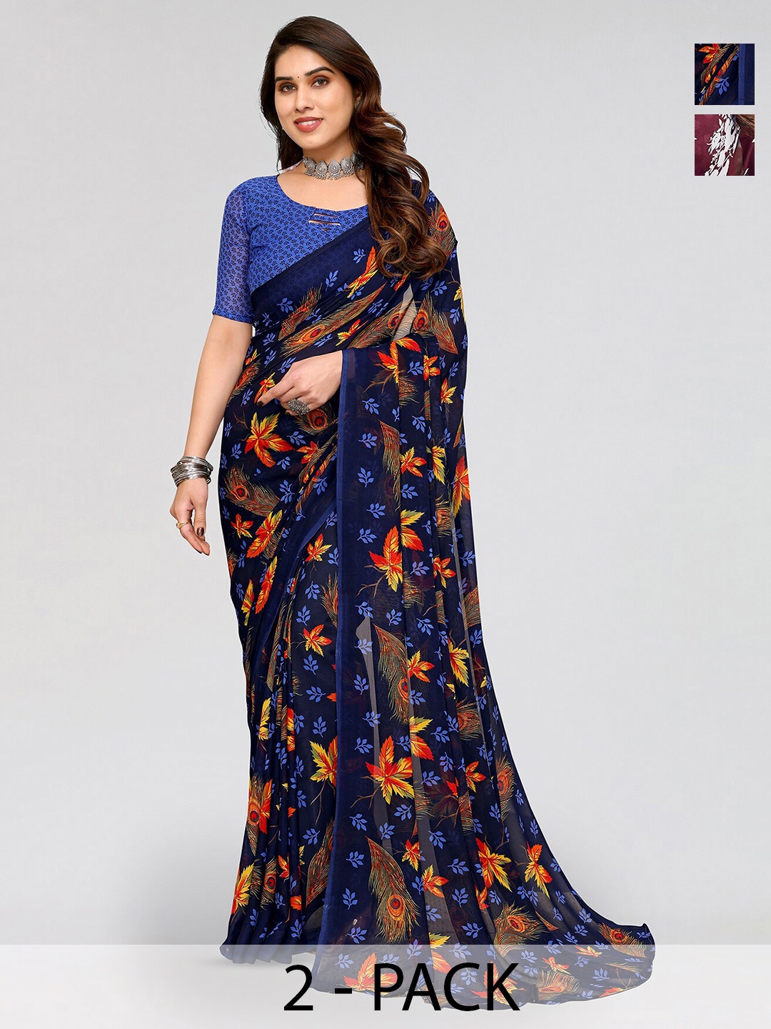 

ANAND SAREES Selection Of 2 Floral Printed Saree, Burgundy