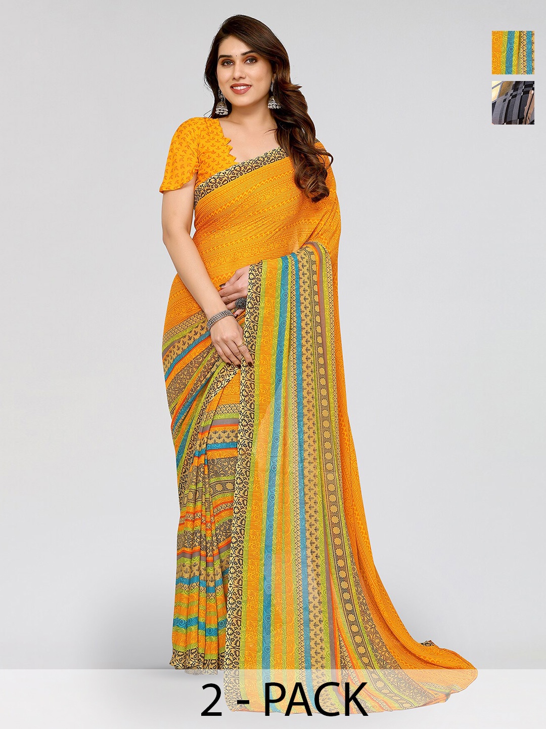 

ANAND SAREES Selection Of 2 Floral Printed Sarees, Grey