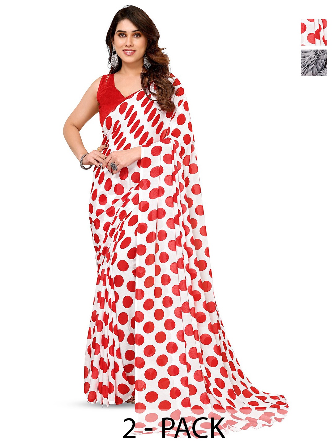 

ANAND SAREES Selection of 2 Polka Dot Printed Sarees, Red