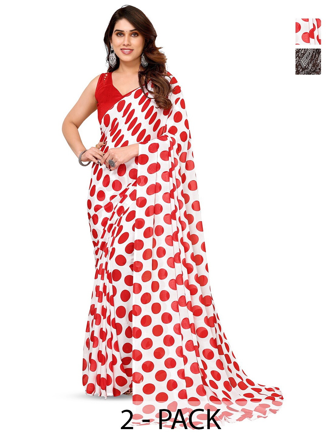 

ANAND SAREES Selection Of 2 Polka Dot Printed Sarees, White