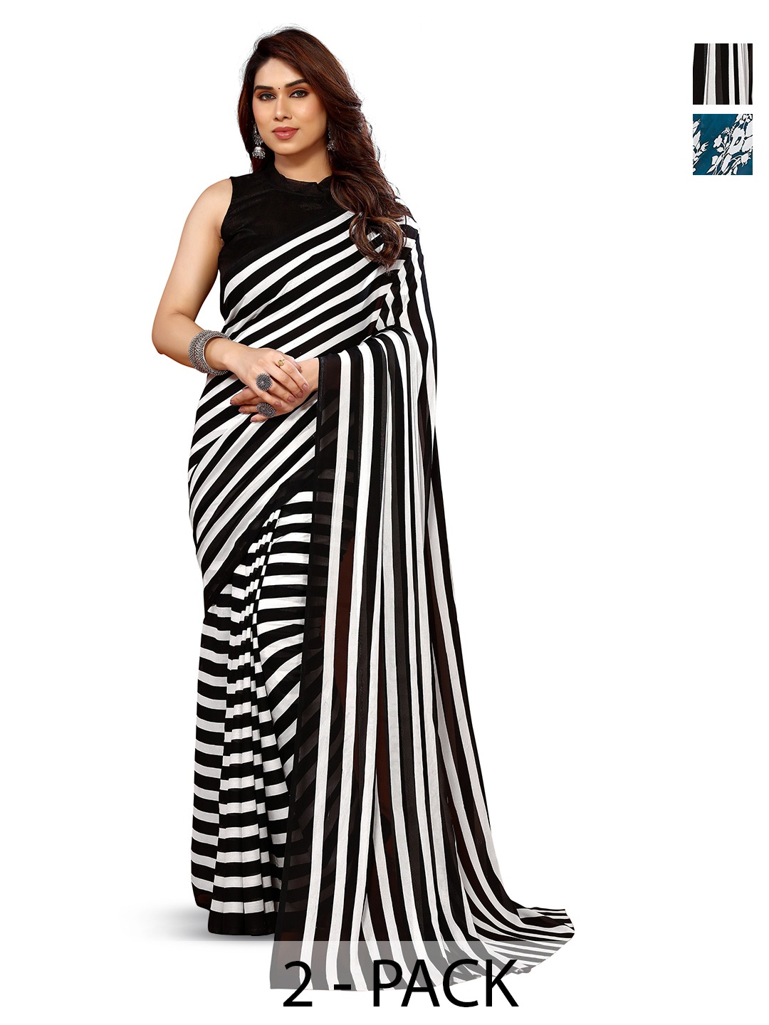 

ANAND SAREES Selection Of 2 Floral Printed Sarees, Teal