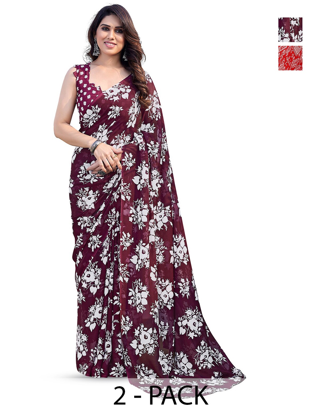 

ANAND SAREES Selection Of 2 Floral Printed Sarees, Red