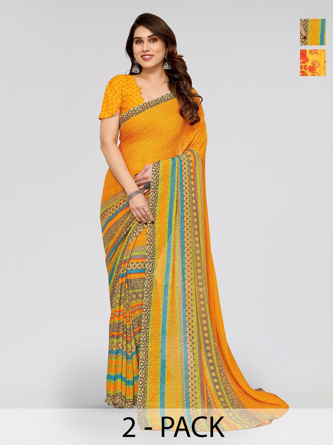 

ANAND SAREES Selection Of 2 Floral Printed Sarees, Red