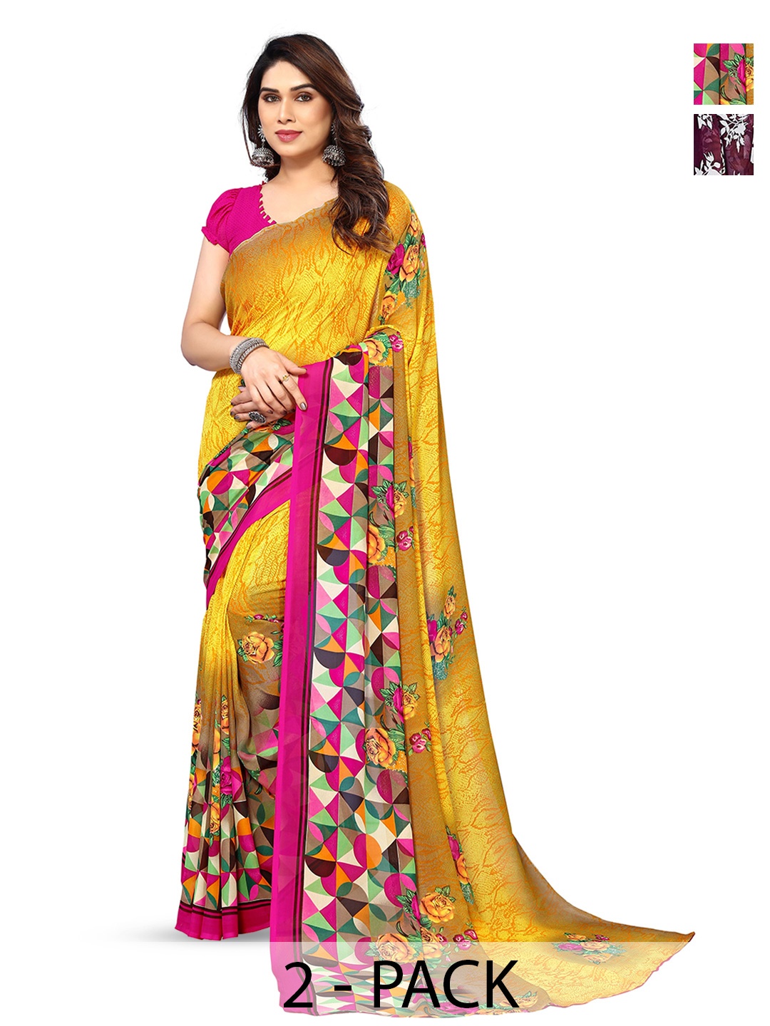 

ANAND SAREES Selection of 2 Floral Printed Sarees, Red