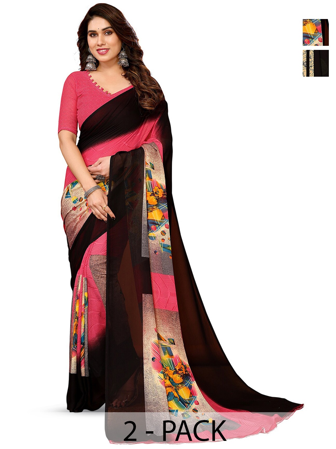 

ANAND SAREES Selection of 2 Floral Printed Sarees, Black