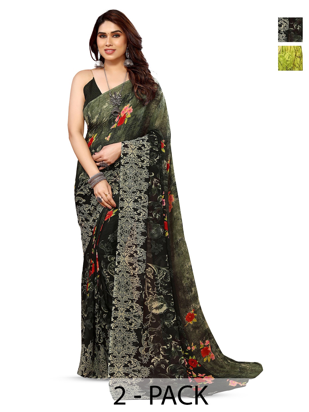 

ANAND SAREES Selection Of 2 Floral Printed Sarees, Green