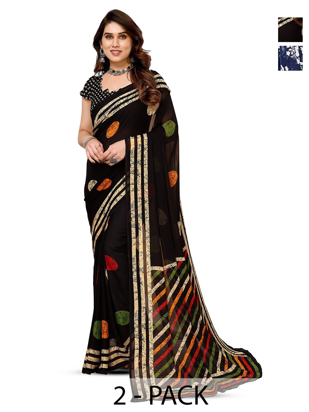 

ANAND SAREES Selection Of 2 Floral Printed Sarees, Black