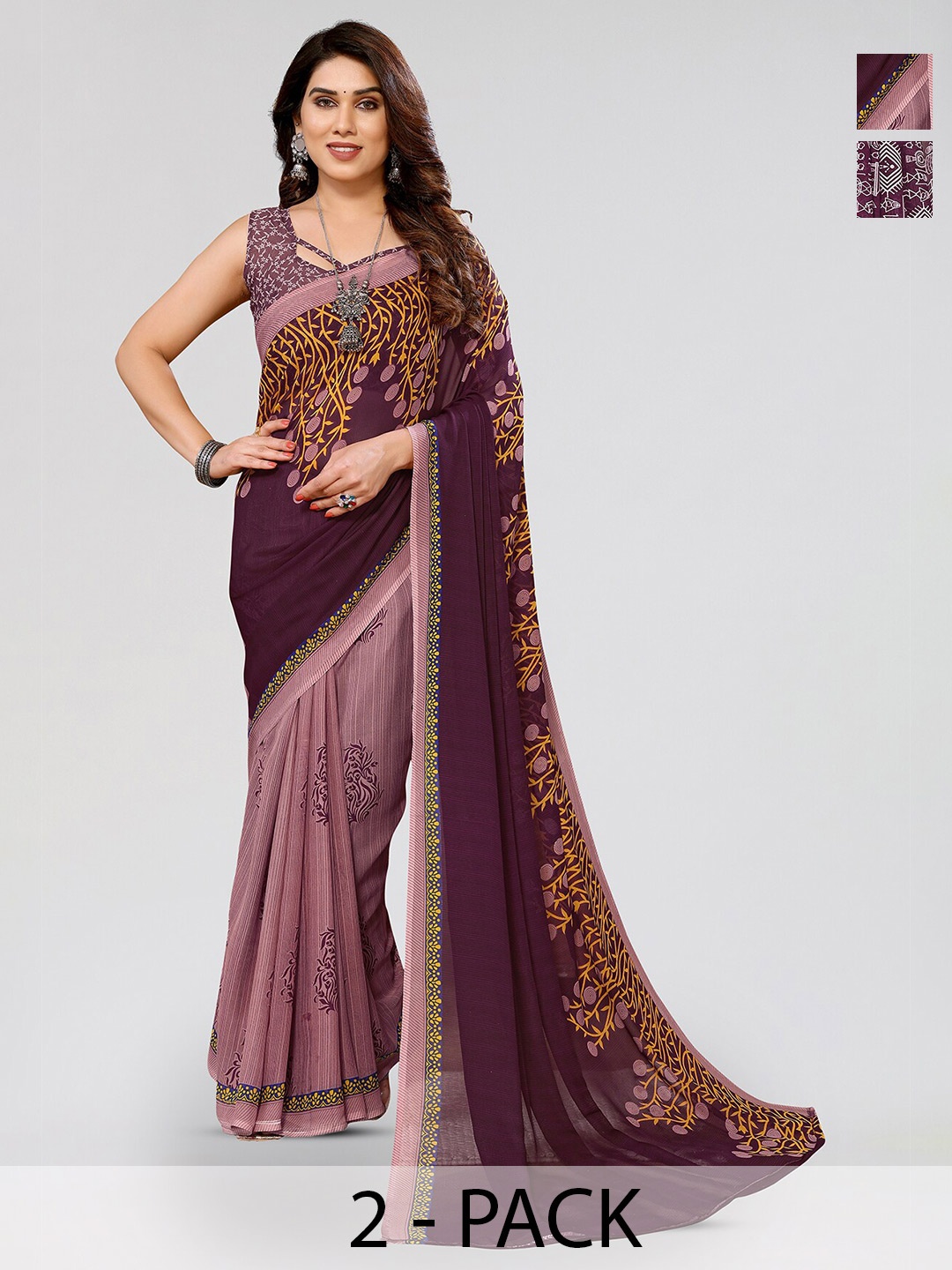 

ANAND SAREES Selection of 2 Abstract Printed Sarees, Purple