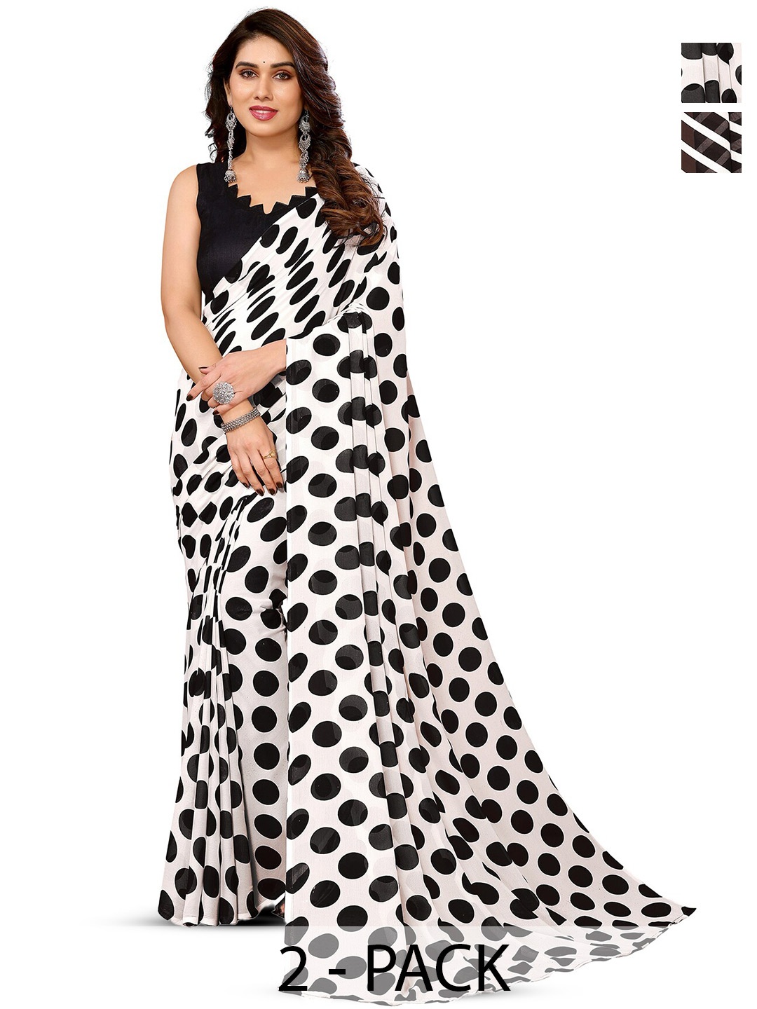 

ANAND SAREES Selection Of 2 Polka Dots Printed Saree, White