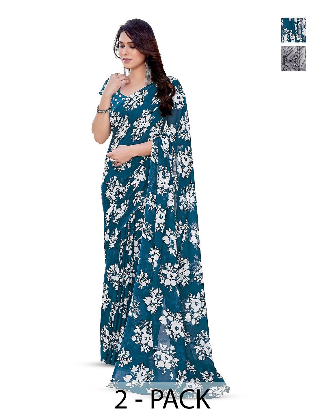 

ANAND SAREES Selection Of 2 Floral Printed Sarees, Blue