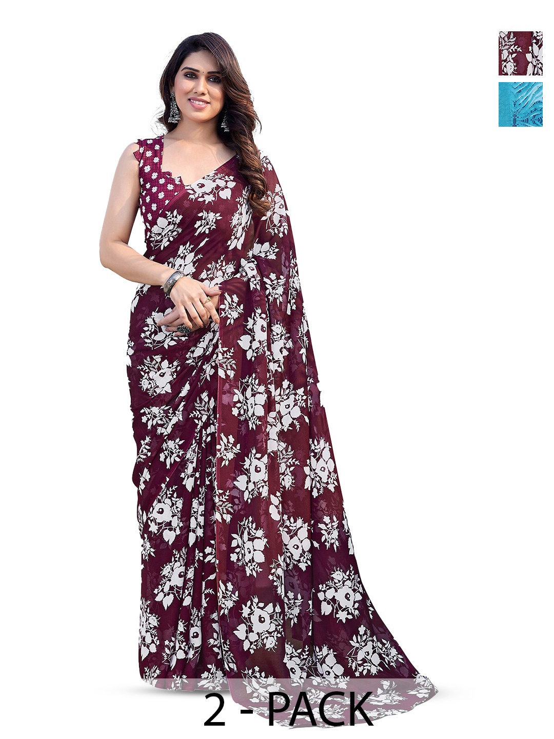 

ANAND SAREES Selection Of 2 Floral Sarees, Burgundy