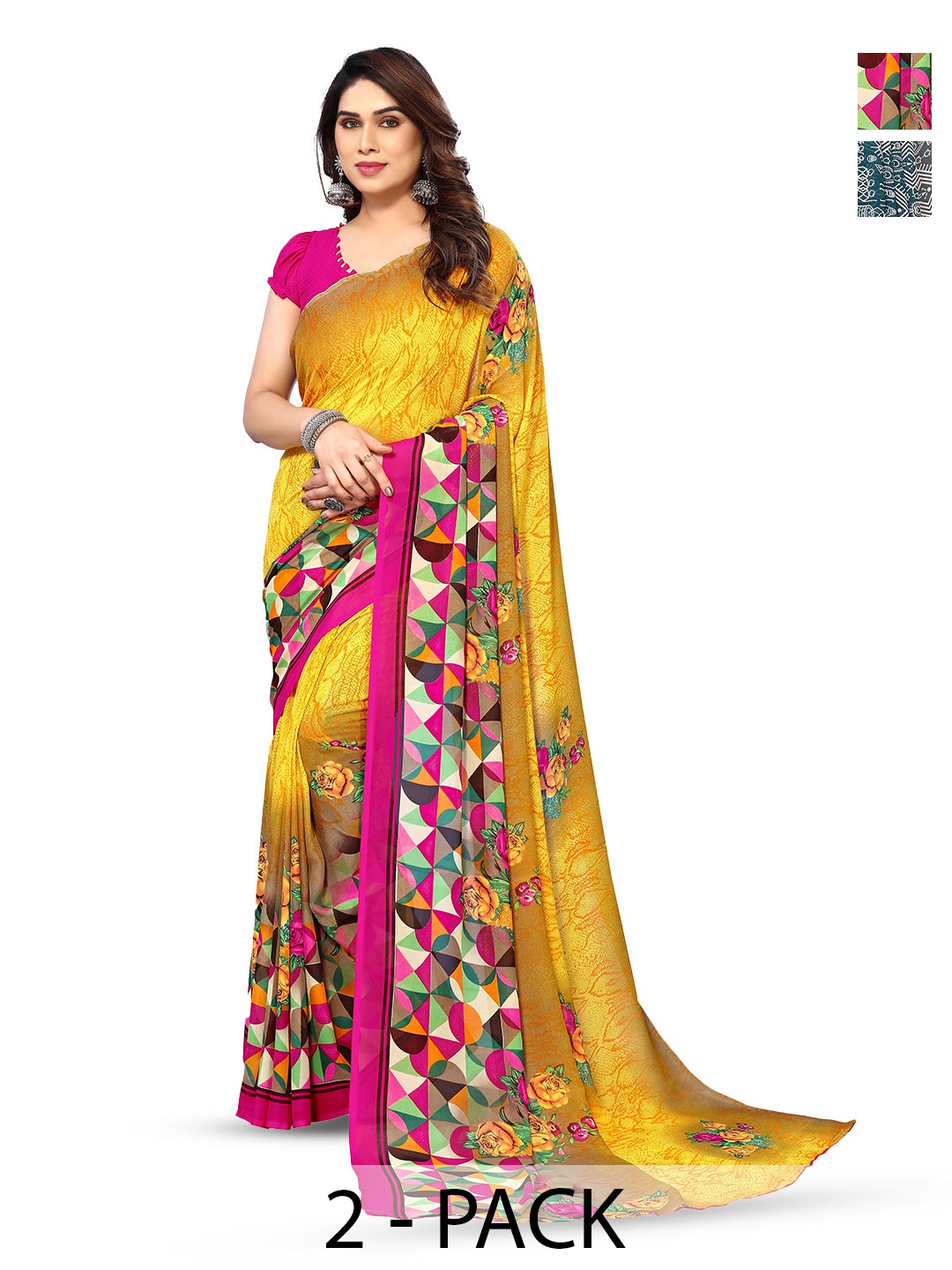 

ANAND SAREES Selection of 2 Geometric Printed Saree, Green