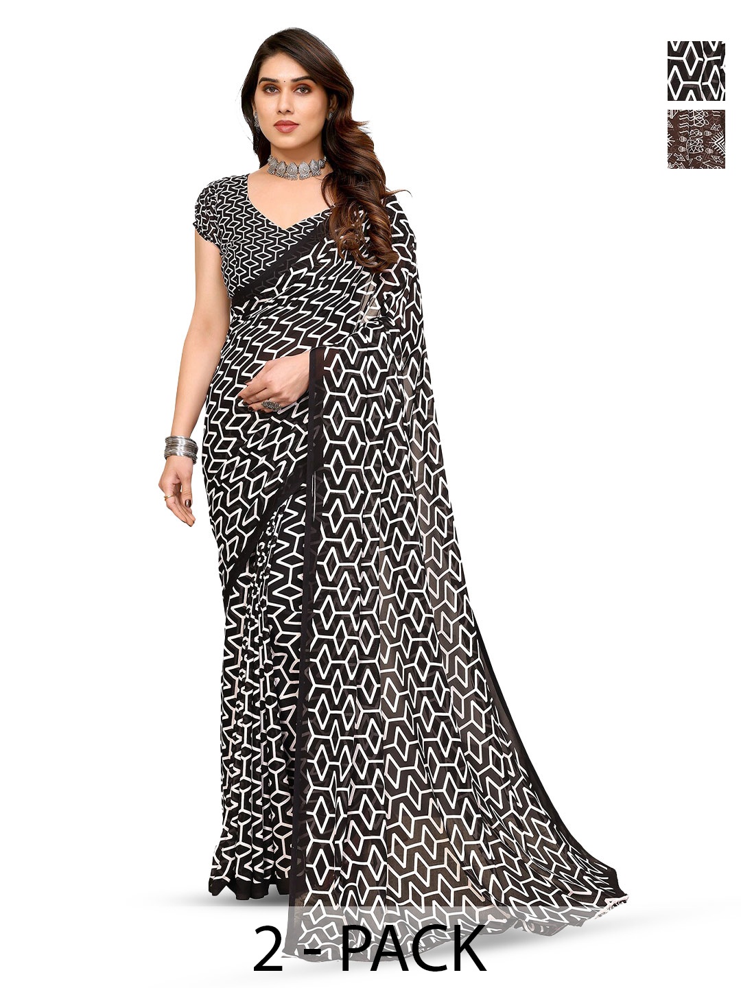 

ANAND SAREES Selection Of 2 Abstract Printed Sarees, Brown