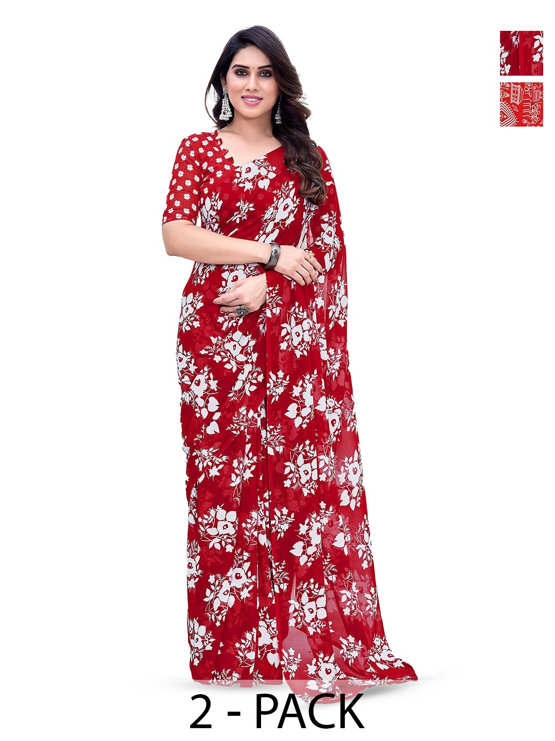 

ANAND SAREES Selection Of 2 Floral Printed Sarees, Red