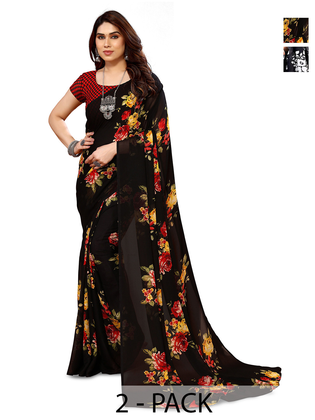 

ANAND SAREES Selection Of 2 Floral Printed Sarees, Black