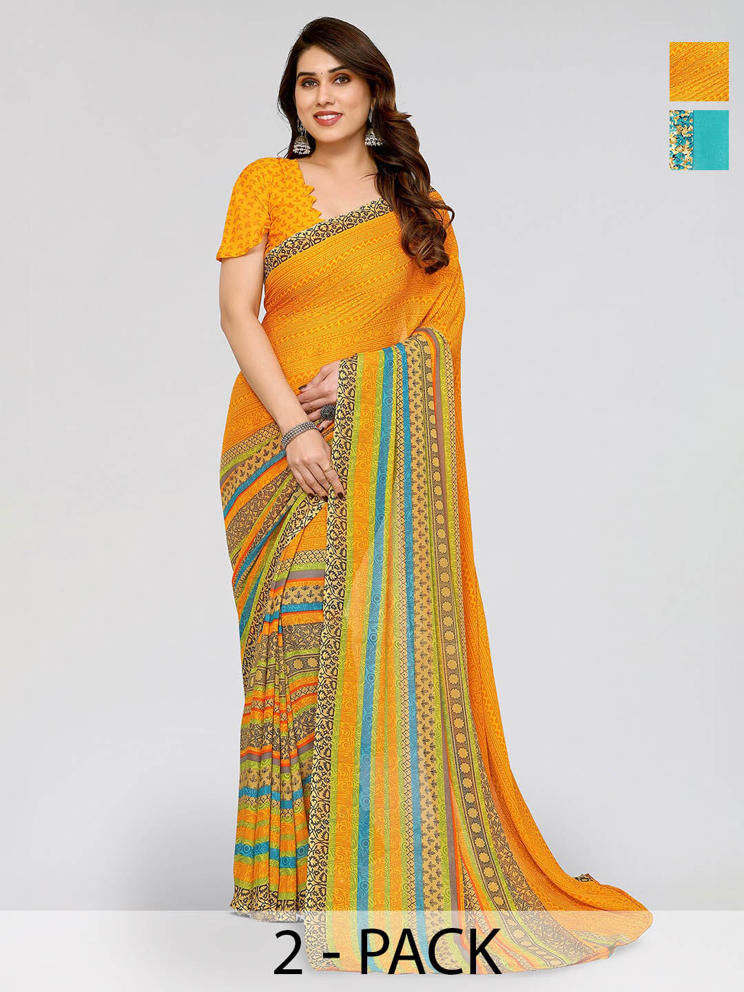 

ANAND SAREES Selection of 2 Floral Printed Sarees, Beige