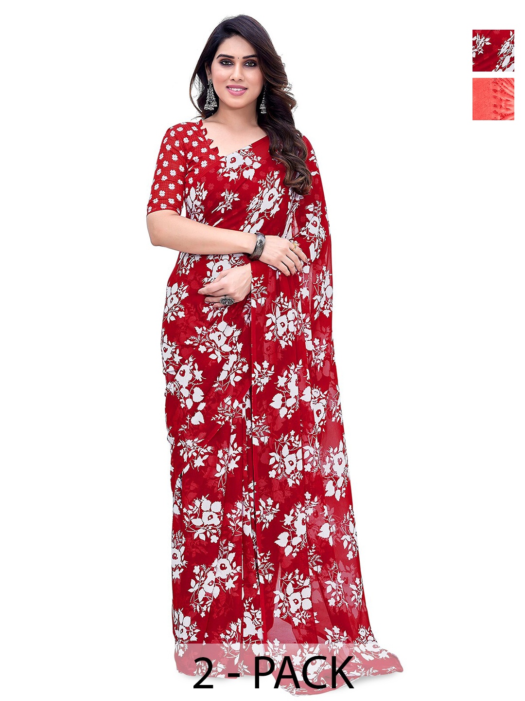 

ANAND SAREES Selection Of 2 Floral Printed Sarees, Red