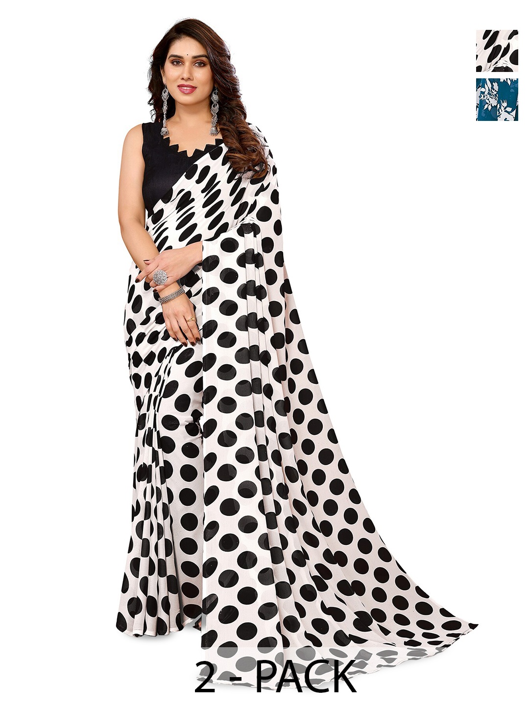

ANAND SAREES Selection of 2 Polka Dot Printed Sarees, Blue