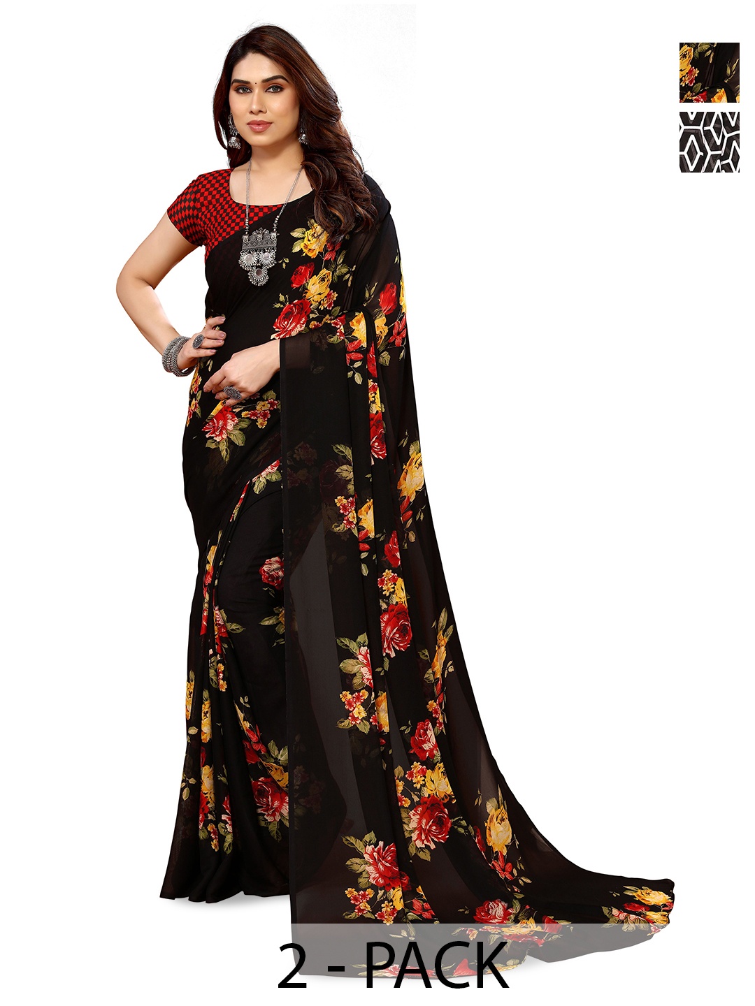 

ANAND SAREES Selection Of 2 Floral Printed Saree, Black