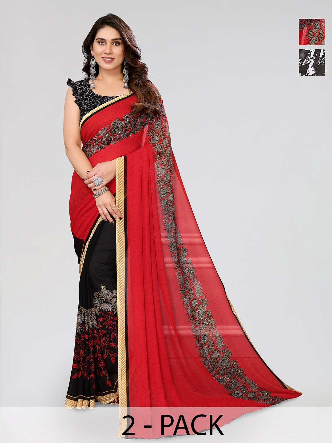

ANAND SAREES Selection of 2 Floral Printed Sarees, Brown