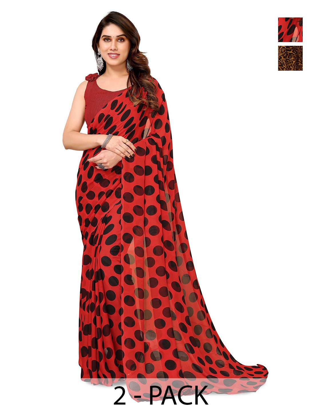 

ANAND SAREES Selection Of 2 Polka Dot Printed Sarees, Red