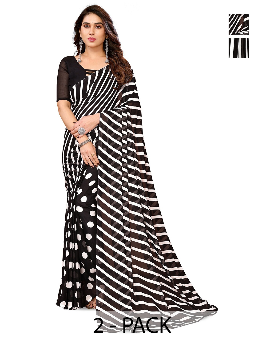 

ANAND SAREES Selection Of 2 Striped Printed Sarees, Black