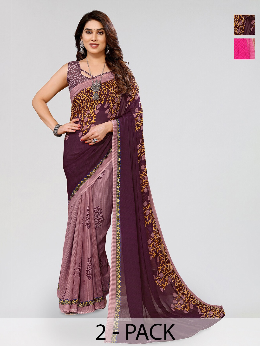 

ANAND SAREES Selection Of 2 Floral Printed Sarees, Purple