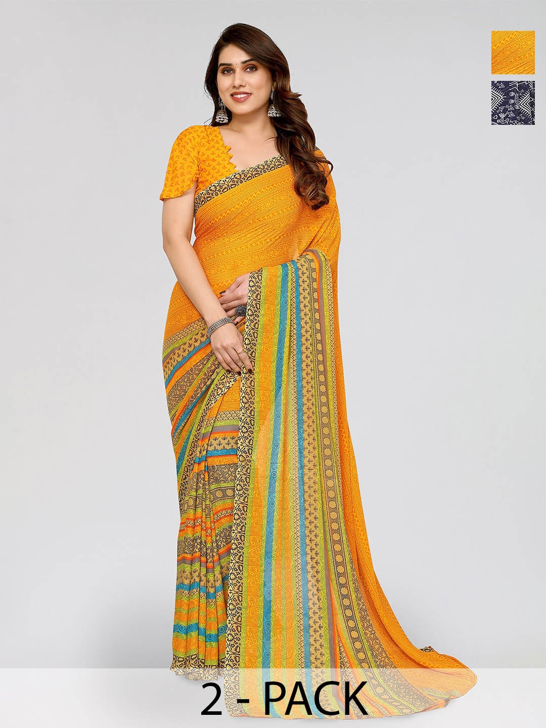 

ANAND SAREES Selection Of 2 Warli Printed Sarees, Blue