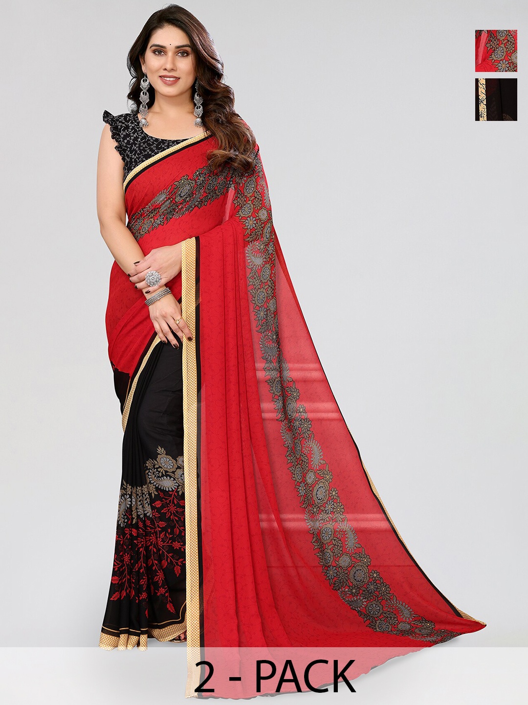 

ANAND SAREES Selection Of 2 Floral Printed Sarees, Black