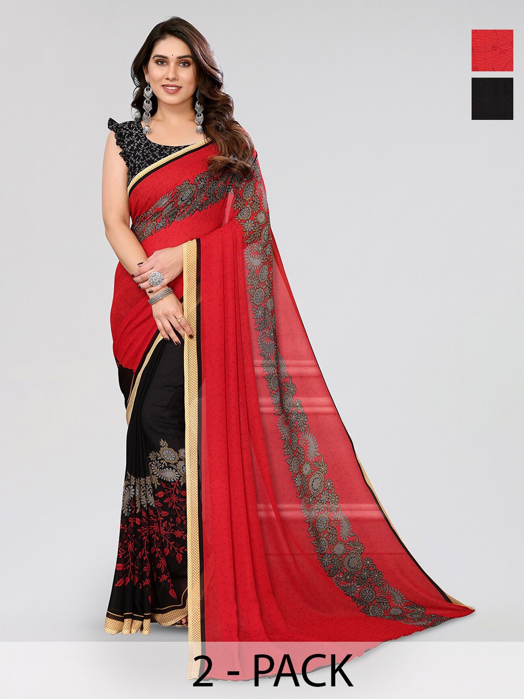 

ANAND SAREES Selection of 2 Polka Dot Printed Sarees, Red