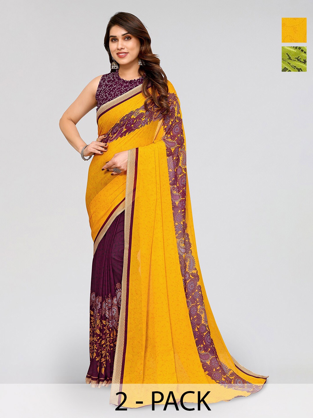 

ANAND SAREES Selection Of 2 Floral Printed Sarees, Yellow