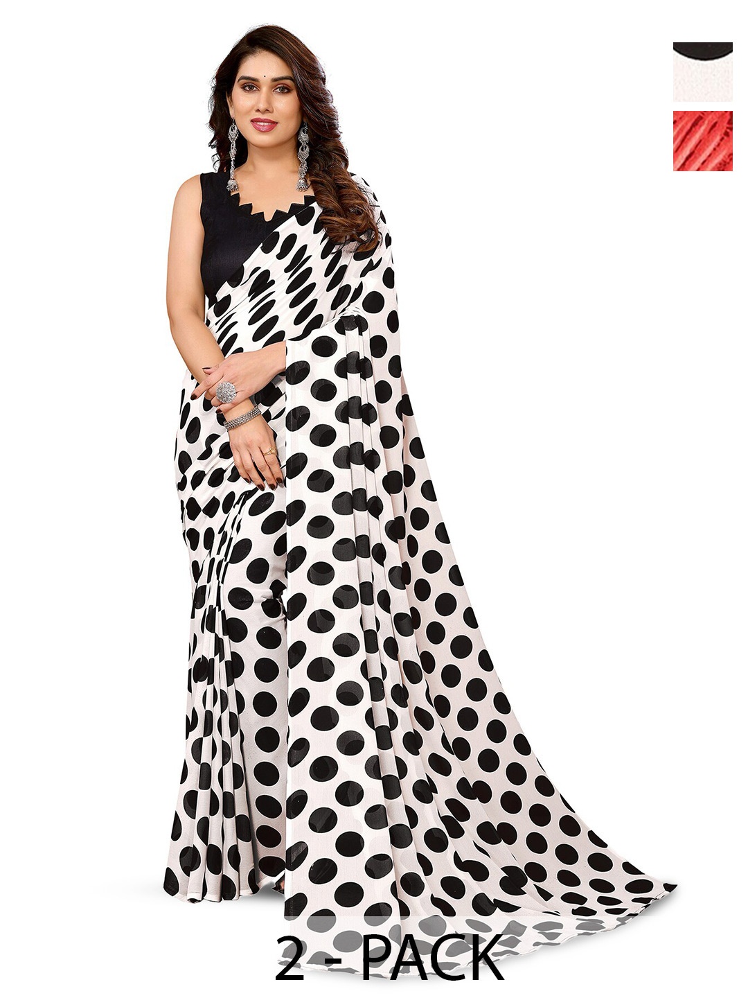 

ANAND SAREES Selection of 2 Polka Dots Printed Sarees, White