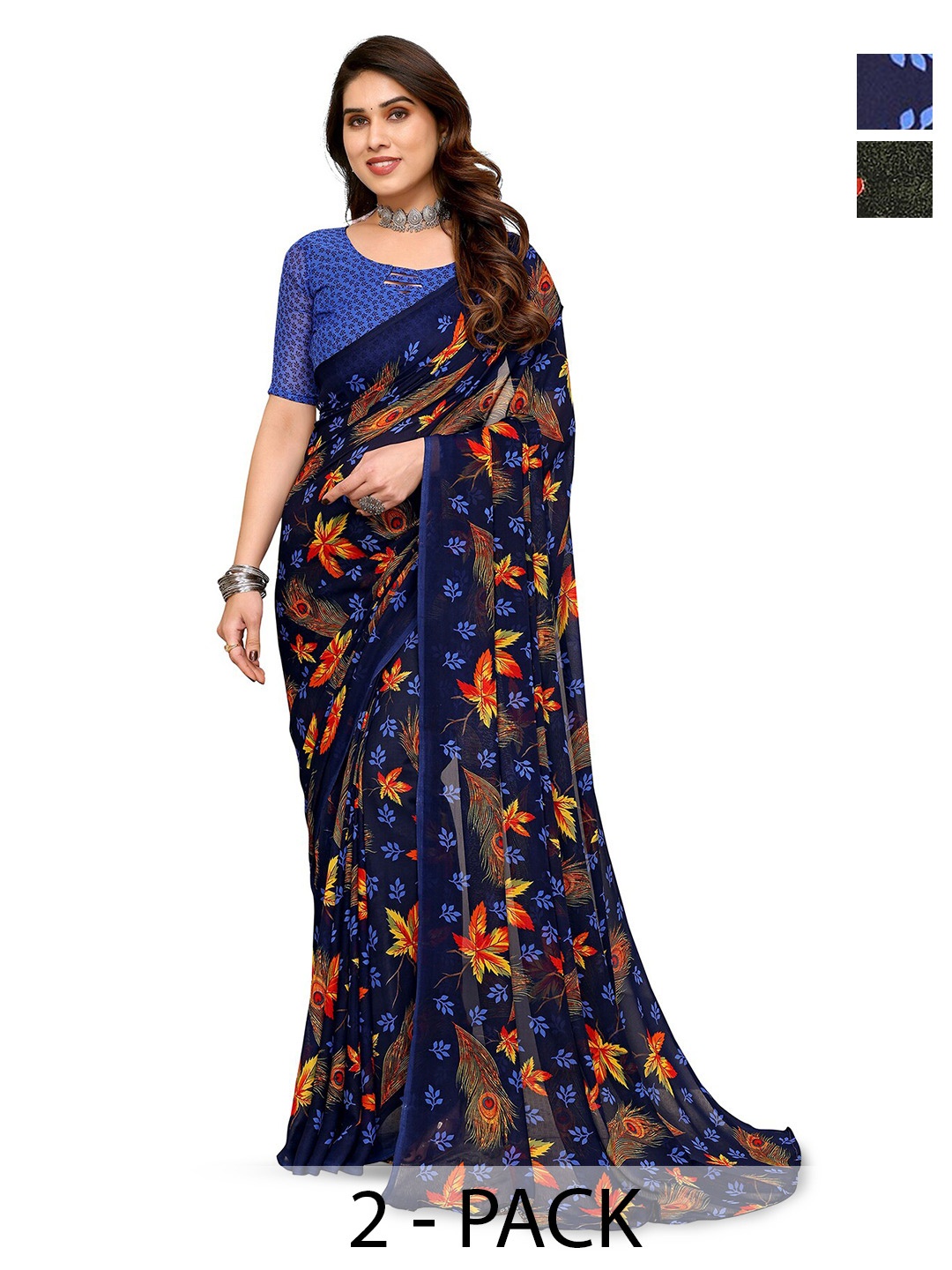 

ANAND SAREES Selection Of 2 Floral Printed Saree, Blue