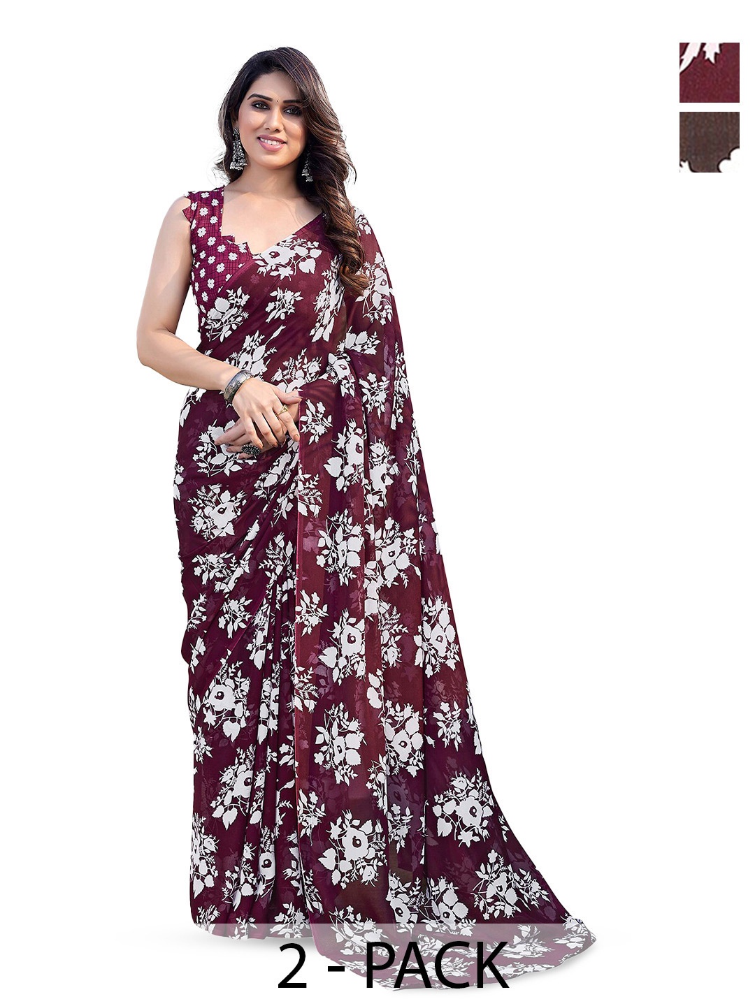 

ANAND SAREES Selection Of 2 Floral Printed Saree, Red