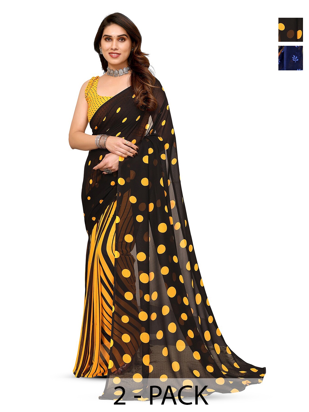 

ANAND SAREES Selection Of 2 Polka Dots Printed Sarees, Black