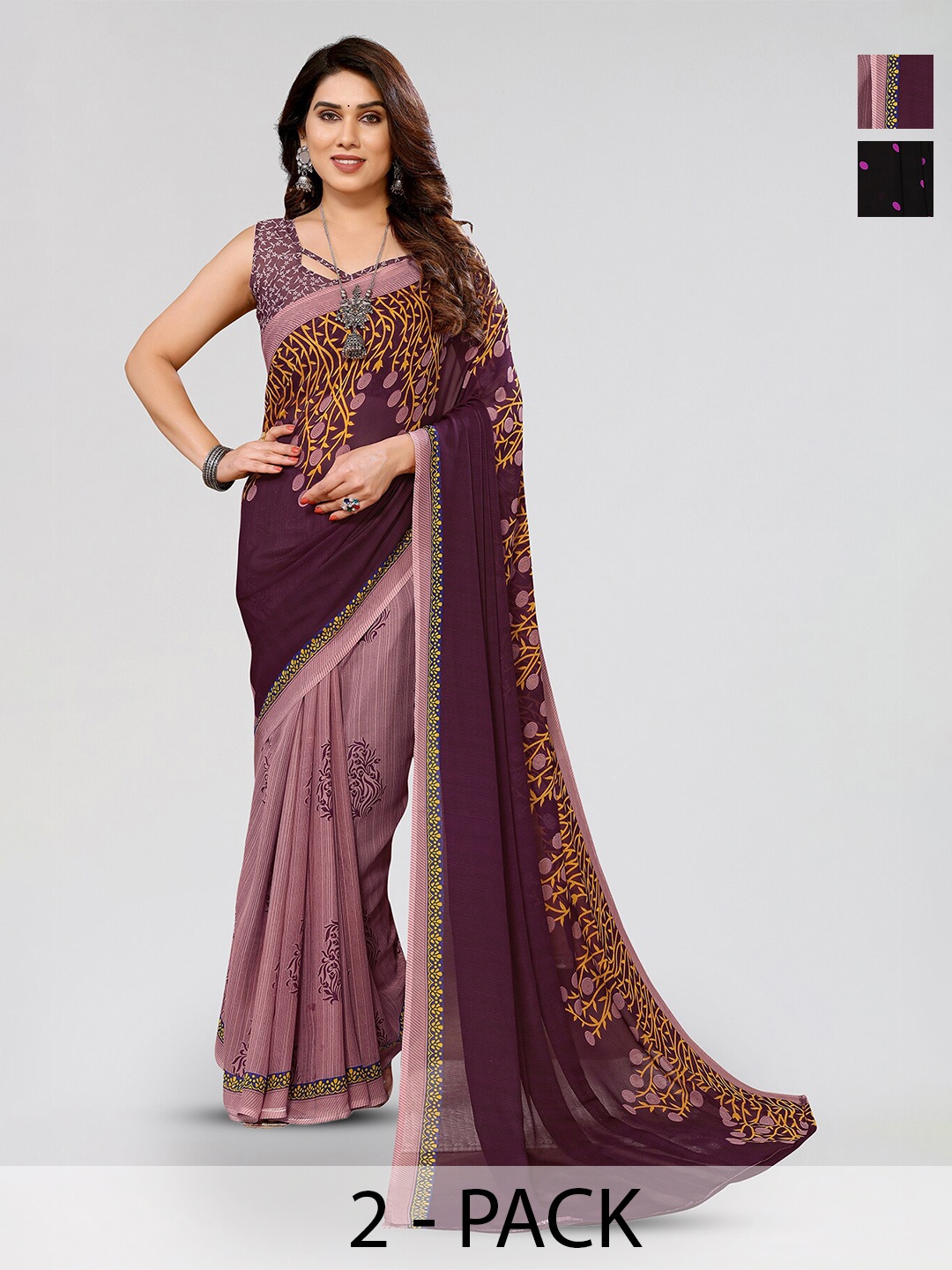 

ANAND SAREES Selection Of 2 Floral Printed Half & Half Sarees, Purple