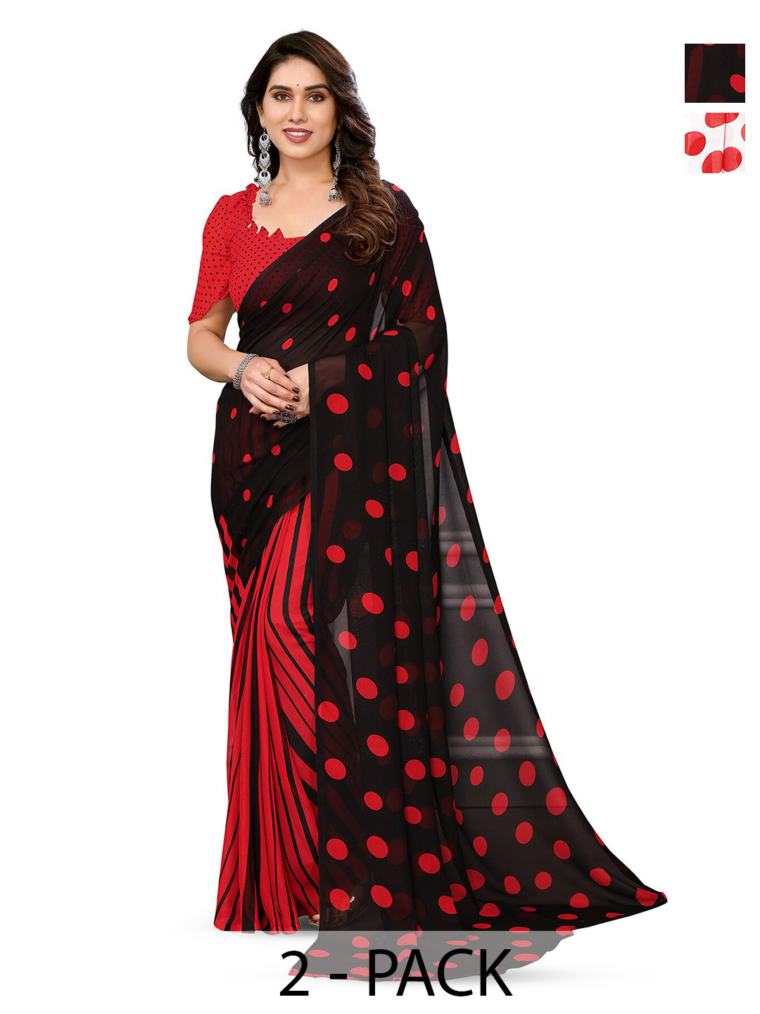 

ANAND SAREES Selection Of 2 Polka Dots Printed Sarees, White