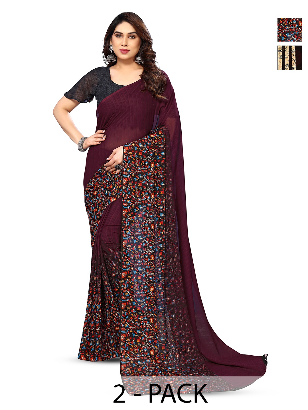

ANAND SAREES Selection Of 2 Geometric Printed Sarees, Purple