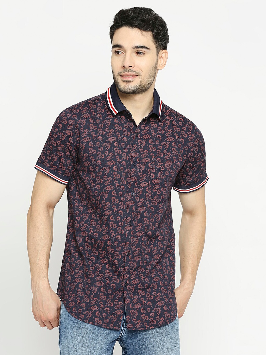 

Solemio Comfort Slim Fit Floral Printed Pure Cotton Casual Shirt, Navy blue
