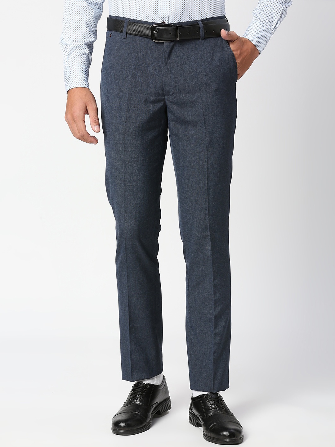 

Solemio Men Comfort Slim Fit Mid-Rise Formal Trousers, Blue