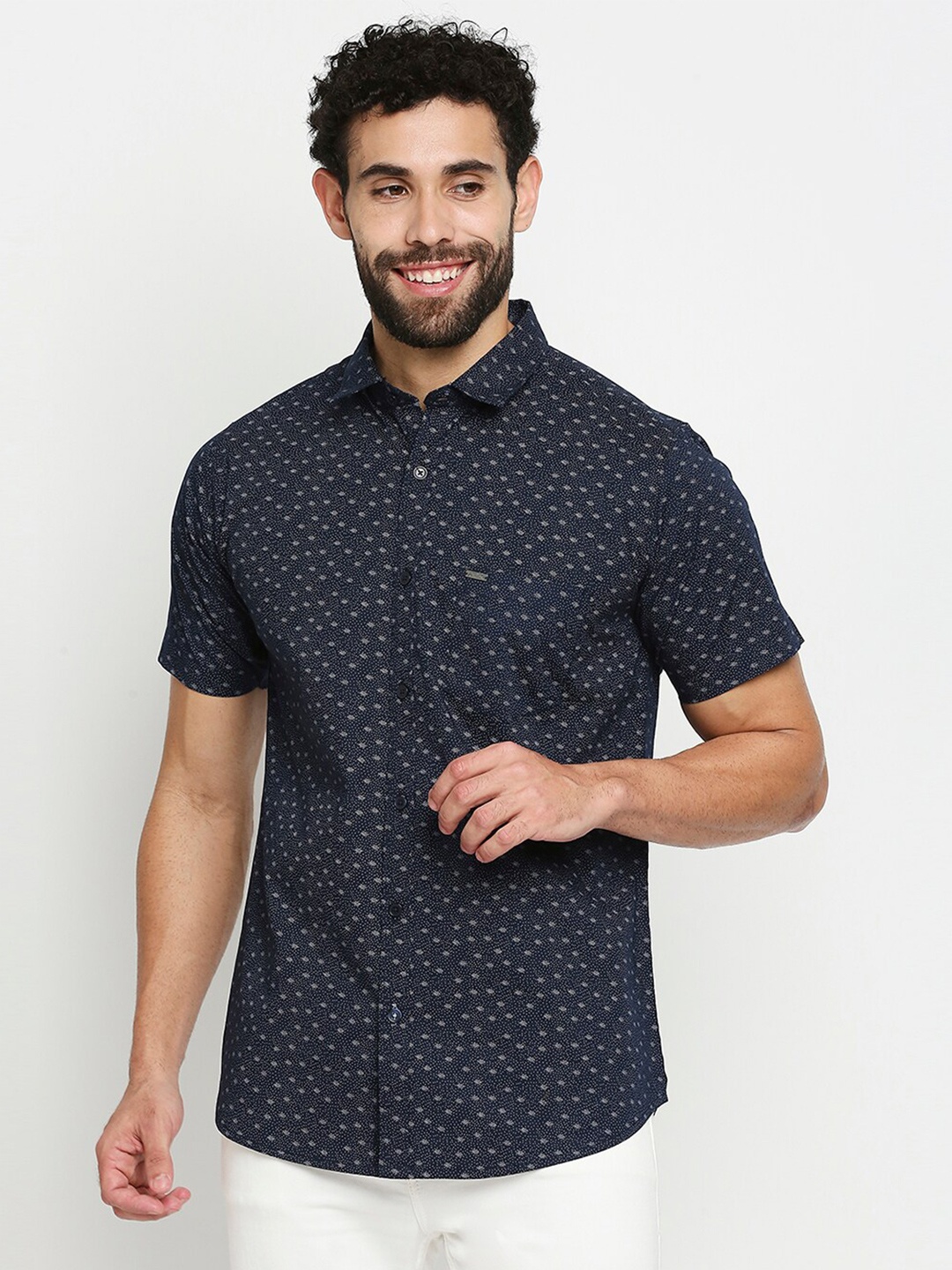 Solemio Comfort Slim Fit Micro Ditsy Printed Pure Cotton Casual Shirt, Navy blue