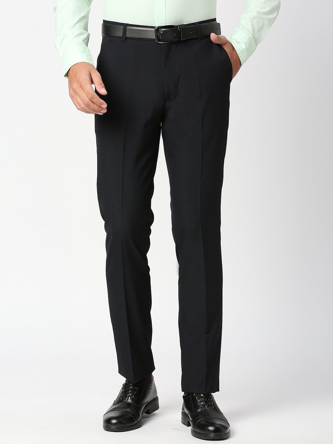 

Solemio Men Comfort Slim Fit Mid-Rise Formal Trousers, Navy blue